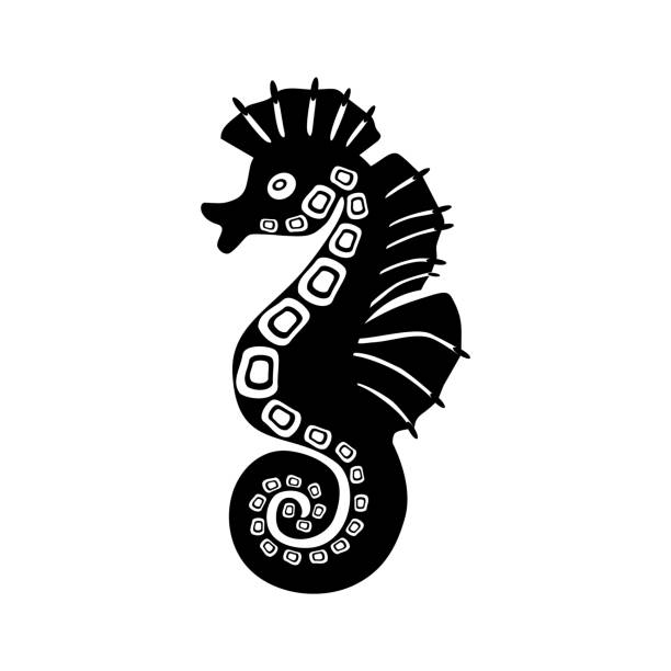 istock Seahorse black icon on white background. Beautiful silhouette for tattoo design, wedding festive card, fashion ornaments, logo, children, pattern. Vector illustration. 1368242426
