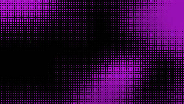 abstrakte abstufung des halbtonmusters in violetter verlaufsfarbe. verlaufsskala von violetten punkten auf schwarzem hintergrund.  grunge-muster gepunktet für poster, visitenkarte, cover, etiketten-mock-up. - gradiation stock-fotos und bilder