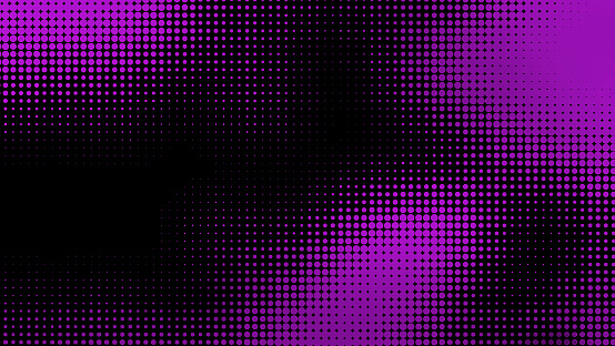 abstract gradiation of halftone pattern in purple gradient color. gradient scale of violet dots on black background.  grunge pattern dotted for poster, business card, cover, label mock-up.