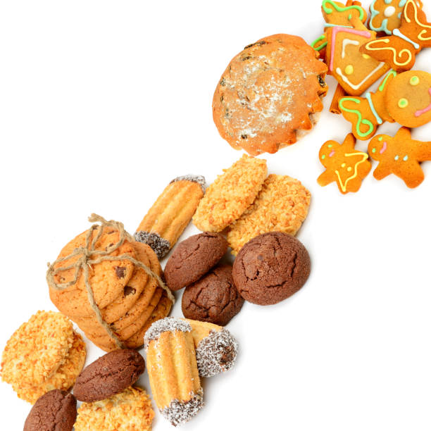 kekse, lebkuchen und muffin isoliert auf weiß. collage. - dieting cookie food number stock-fotos und bilder