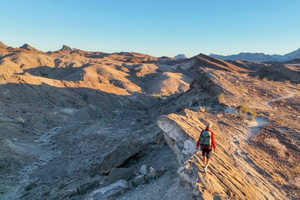 istock Aerial view, hiker follows route along desert ridge crest 1368243898