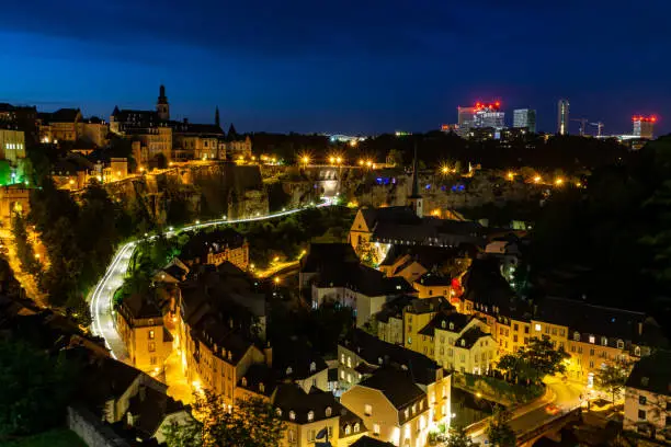 Panoramic nightview of downtown Luxembourg, Kirchberg in the background