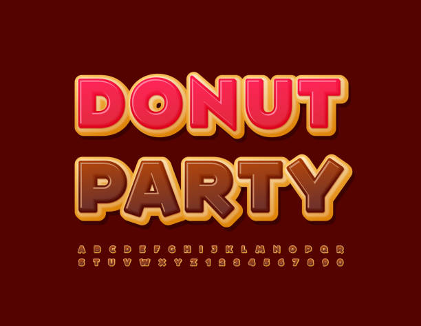 wektorowy kreatywny baner donut party z pysznym zestawem liter i cyfr alfabetu - whoopee pie stock illustrations