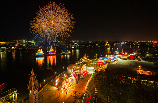 Festivals and Fireworks Shows on Chinese New Year in Samut Sakhon Province, Thailand