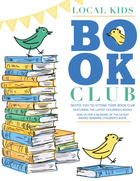 Bright Retro Style Children's Book Club Invitation Poster Bright Retro Style Children's Book Club Poster in flat colors. There are stacks of hand drawn sketchy style books with cartoon birds. It is placed on a transparent base so you can put it on any color background. Text is on its own layer for easier removal. book club stock illustrations