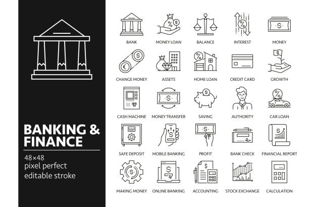 banking and finance vector drawing icons auf 48px raster mit 1px konturbreite. infografiken, mobile und web etc. - bank statement stock-grafiken, -clipart, -cartoons und -symbole