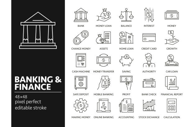 ikony rysunków wektorowych bankowości i finansów na siatce 48px z szerokością obrysu 1px. infografiki, mobilne i internetowe itp. - bank statement stock illustrations