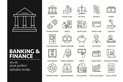 Banking And Finance Vector Drawing Icons on 48px grid with 1px stroke width. Infographics, mobile and web etc.
