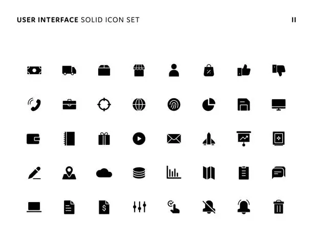 Vector illustration of Web User Interface Simple Solid Icon Set II