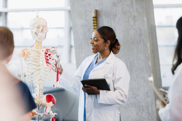 une professeure se tient par un modèle squelette pour enseigner au groupe d’étudiants - anatomy classroom human skeleton student photos et images de collection