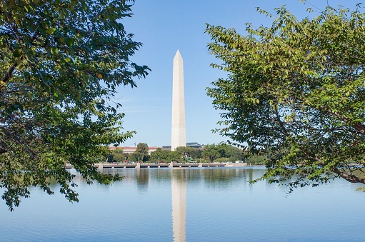 The Washington Monument viewed through trees over water in Washington DC, United States