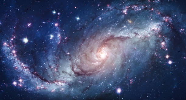 깊은 공간에서 은하와 밝은 별. 갤럭시 안드로메다 서클. 성운과 나선형 은하. 공상 과학 벽지. 스페이스 판타지 콜라주 - nebula dust bright star 뉴스 사진 이미지