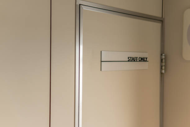 istock Staff only employee wood, background writing workplace signage access, protection laboratory. Concept authorised entry, board design 1368257966
