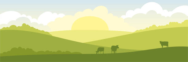 Abstrakcyjny krajobraz wiejski z krowami. – artystyczna grafika wektorowa