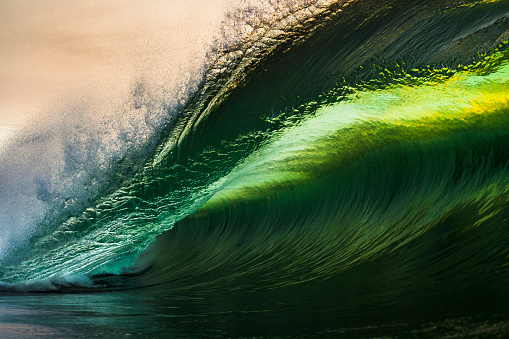 Powerful and beautiful sharp green and gold ocean wave breaking close up in shallow reef water.