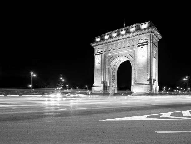 Bucharest,Romania - 01.29.2022: The Arch of Triumph (Arcul de Triumf) in Bucharest is closely modelled after the Arc de Triomphe from Paris. located in the Northern part of Bucharest.