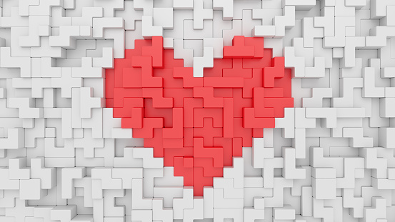Red heart shape on white background. Construction with  various shapes blocks. Valentines day and wedding celebration.  Puzzle game. 3d rendering.