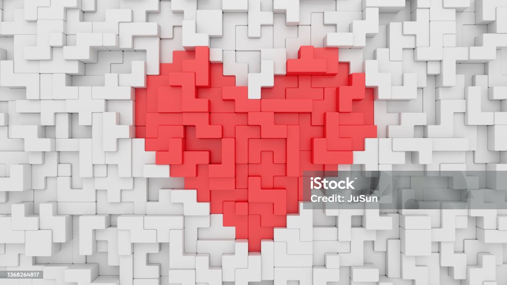 Red heart shape on white background. Construction with  various shapes blocks. Valentines day and wedding celebration.  Puzzle game. 3d rendering. Heart Shape Stock Photo
