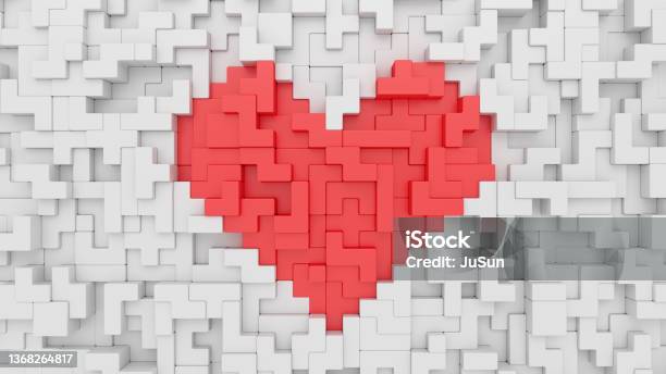 Red Heart Shape On White Background Construction With Various Shapes Blocks Valentines Day And Wedding Celebration Puzzle Game 3d Rendering Stock Photo - Download Image Now