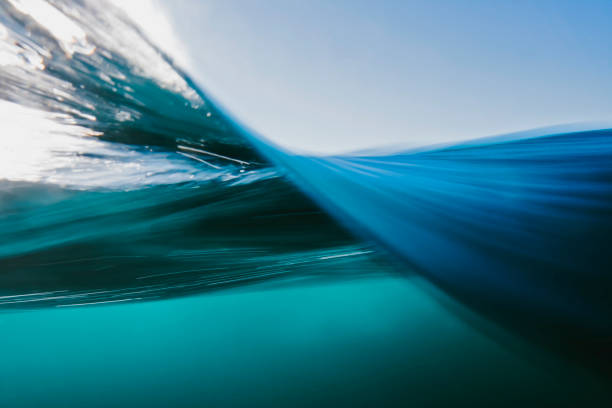 Vortex split view of blue ocean waters surface Vortex split view of blue ocean waters below and above surface sea stock pictures, royalty-free photos & images