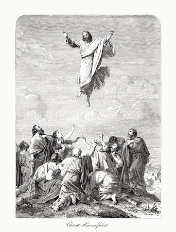 Ascension of Christ (Acts 1). Wood engraving, published in 1862.