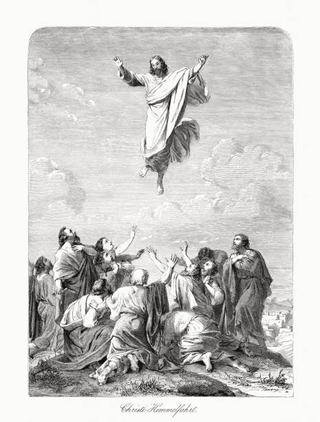 Ascension of Christ (Acts 1), wood engraving, published in 1862 Ascension of Christ (Acts 1). Wood engraving, published in 1862. jesus christ stock illustrations