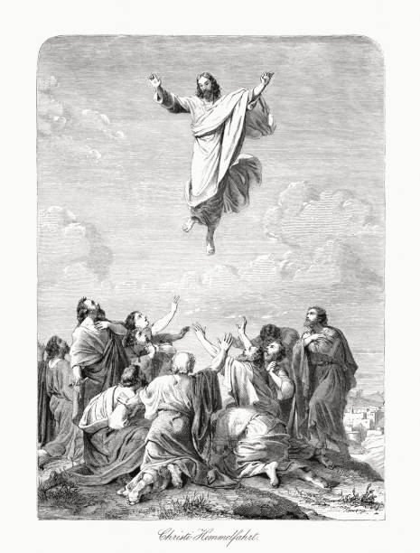Ascension of Christ (Acts 1), wood engraving, published in 1862 Ascension of Christ (Acts 1). Wood engraving, published in 1862. heaven and jesus drawing stock illustrations