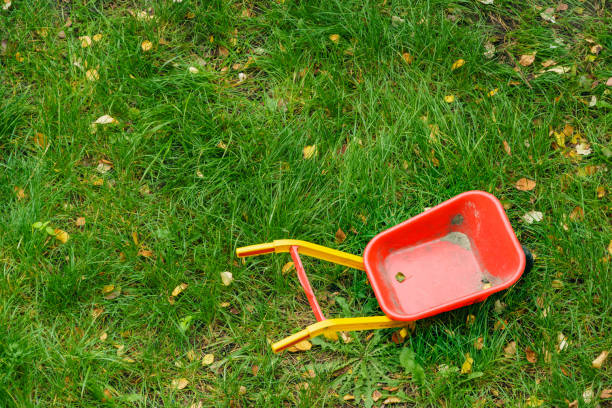 Children toy red wheelbarrow outdoors on green grass. Top view