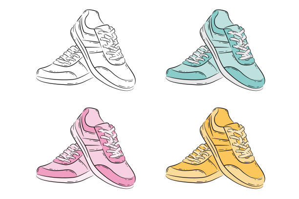 ilustraciones, imágenes clip art, dibujos animados e iconos de stock de dibujo de calzado deportivo de mujer - pair