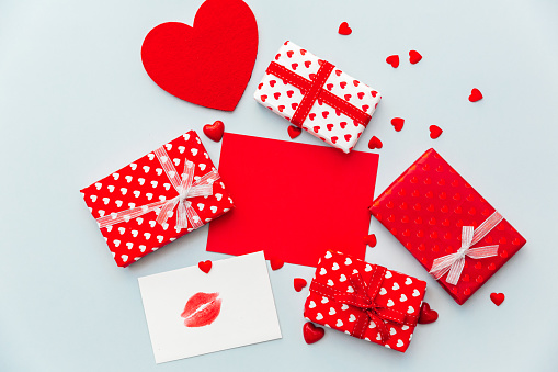 Flat lay compositions with gift boxes. Valentines day, beverage concept, romance surprise, banner, flyer