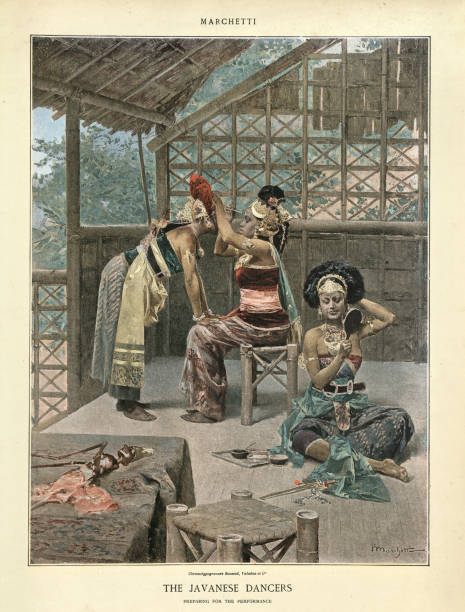 penari jawa mempersiapkan pertunjukan di exposition universelle tahun 1889, paris - indonesia culture ilustrasi stok