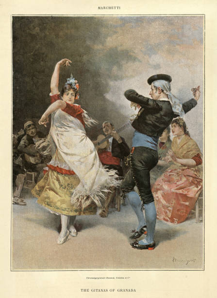 ilustrações de stock, clip art, desenhos animados e ícones de gitanas of granada, dancing spanish flamenco, drancers, traditional dress, victorian 19th century - traditional ceremony illustrations