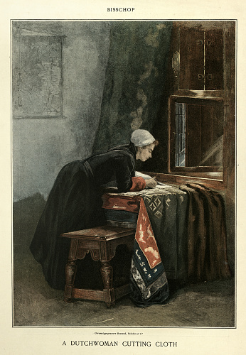 Vintage illustration a Dutch woman cutting cloth, after Christoffel Bisschop, Victorian 19th Century