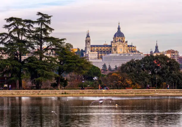 Almudena Cathedral from the lake of Casa de Campo. Madrid. Spain