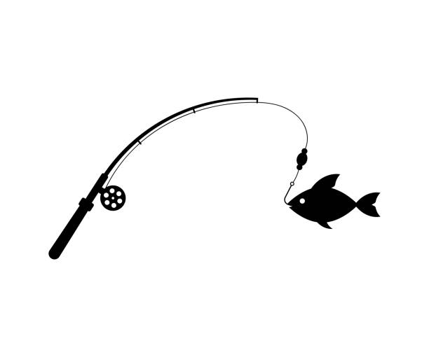 black fish caught on fishing rod black fish caught on fishing rod. concept of easy fun by the water or hunting in nature. flat simple style trend modern spinnerbait element graphic art design isolated on white background fishing rod stock illustrations