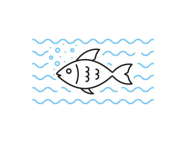 Vector illustration of thin line black fish swims in blue water