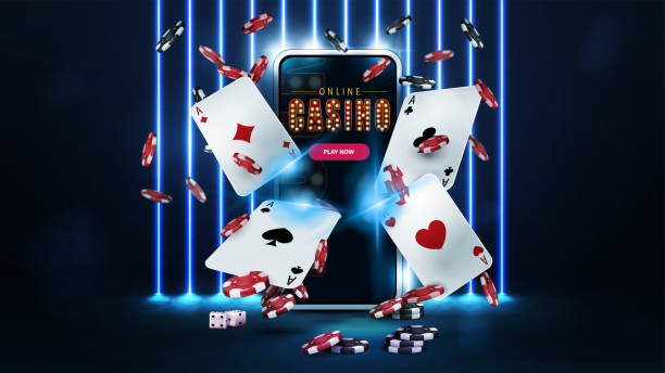 istock Banner with wall of line vertical blue neon lamps on background, smartphone, playing cards and poker chips in dark scene 1368284948