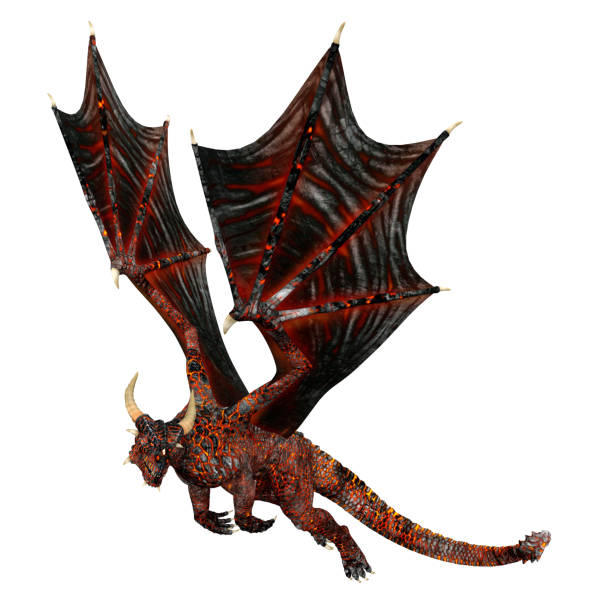 istock 3D rendering of a Hellborn glowing red skinned Dragon in flight isolated on a white background. 1368285735