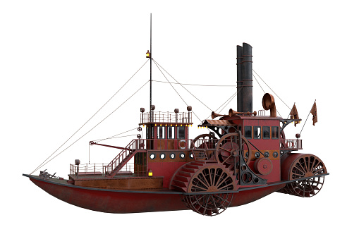 Steampunk styled paddle steamer boat. 3D illustration isolated on a white background.