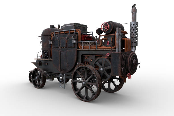 Rear perspective 3D rendering of a Steampunk style steam powered carriage with luggage on top isolated on a white background. stock photo