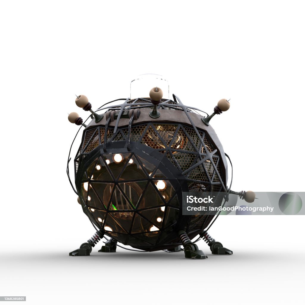 3D rendering of a fantasy Steampunk styled Victorian time machine isolated on a white background. Fantasy Steampunk styled Victorian time machine. 3D illustration isolated on a white background. Time Machine Stock Photo
