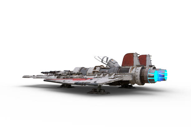 Rear perspective 3D illustration of a science fiction fantasy fighter jet powered space ship parked on the ground isolated on a white background.