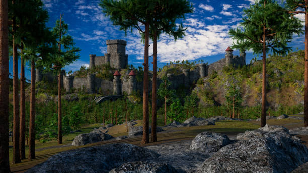 istock 3d rendering of a landscape view with a large medieval castle on a hill surrounded by forest in the distance and rocks in the foreground. 1368285868