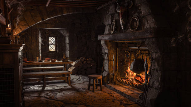 representación en 3d de un bar de taberna medieval con gran chimenea abierta y olla al fuego. - architexture fotografías e imágenes de stock