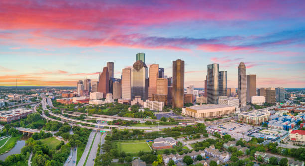 Downtown Houston, Texas, USA Drone Skyline Aerial Panorama stock photo