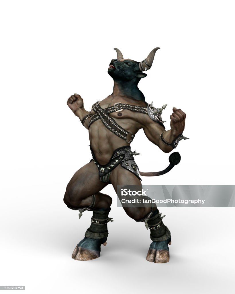 3D illustration of a Minotaur, the mythical creature from Greek mythology, roaring at the sky isolated on a white background. A Minotaur, the mythical creature from Greek mythology, roaring at the sky. 3D illustration isolated on a white background."n Minotaur Stock Photo