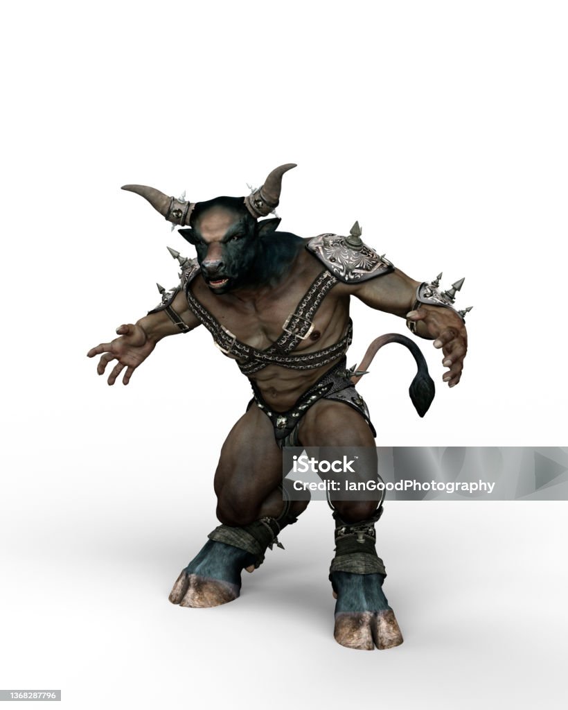 3D illustration of a Minotaur, the mythical monster from Greek mythology, in fighting pose isolated on a white background. A Minotaur, the mythical monster from Greek mythology, in fighting pose. 3D illustration isolated on a white background."n Minotaur Stock Photo