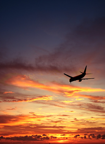 Transportation image of flying commercial passenger airplane over sunset sky