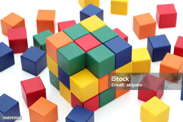 Wooden Colorful Square Blocks Puzzle Stock Photo - Download Image Now - Puzzle Cube, Cube Shape, Toy Block