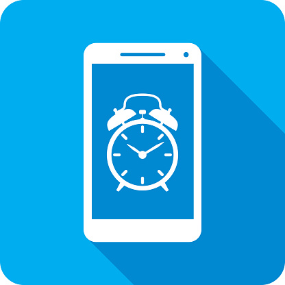 Vector illustration of a smartphone with alarm clock icon against a blue background in flat style.
